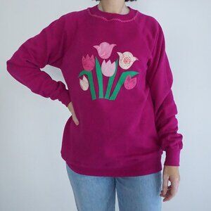 Vintage Purple w Embroidered Floral Tulips Crewneck Sweater Xl